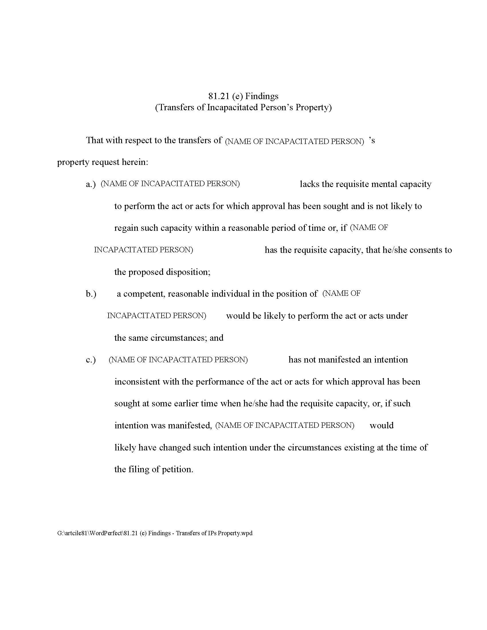 81.21 (e) Findings (Transfers Of Incapacitated Persons Property) | Pdf Fpdf Docx | New York