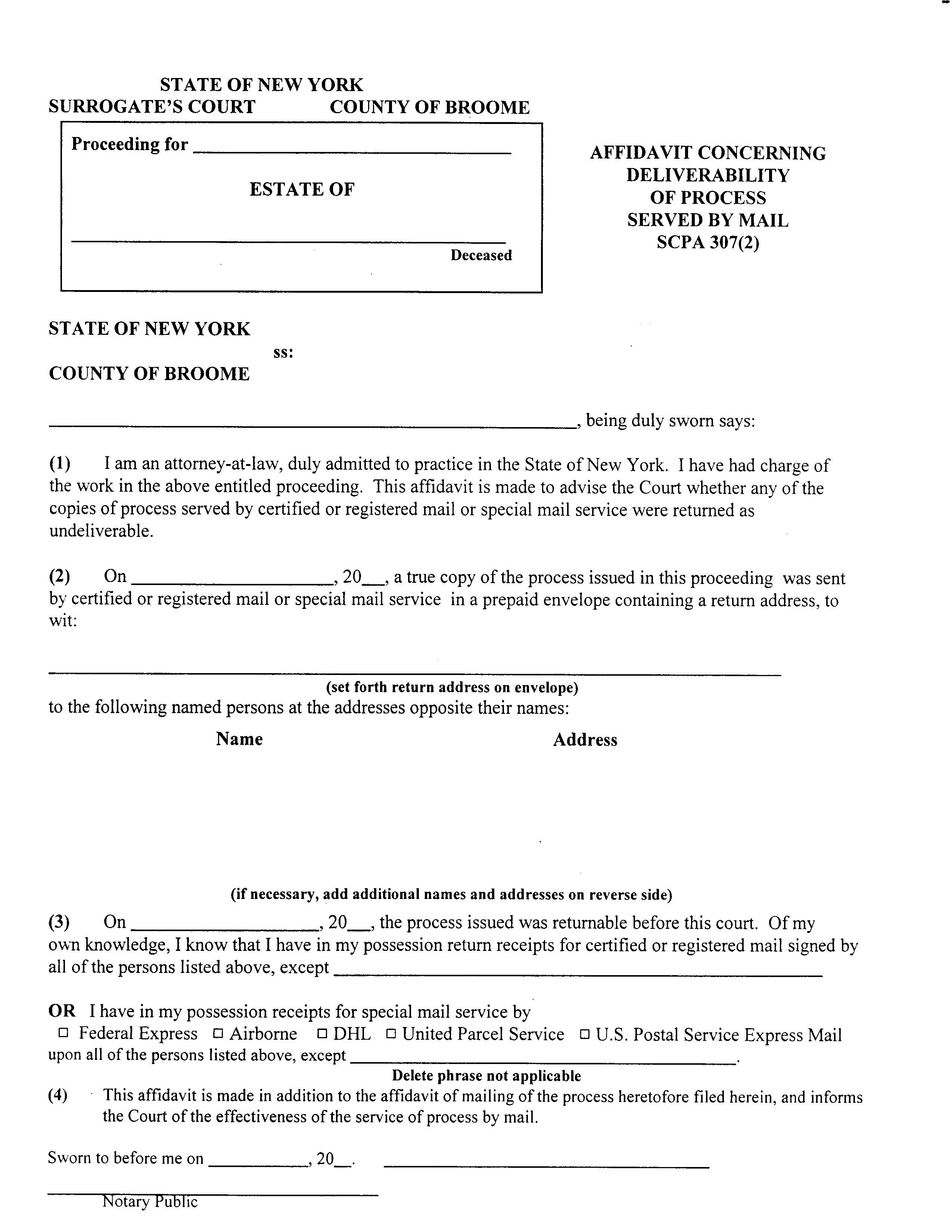 Affidavit Concerning Deliverability Of Process By Mail | Pdf Fpdf Docx | New York