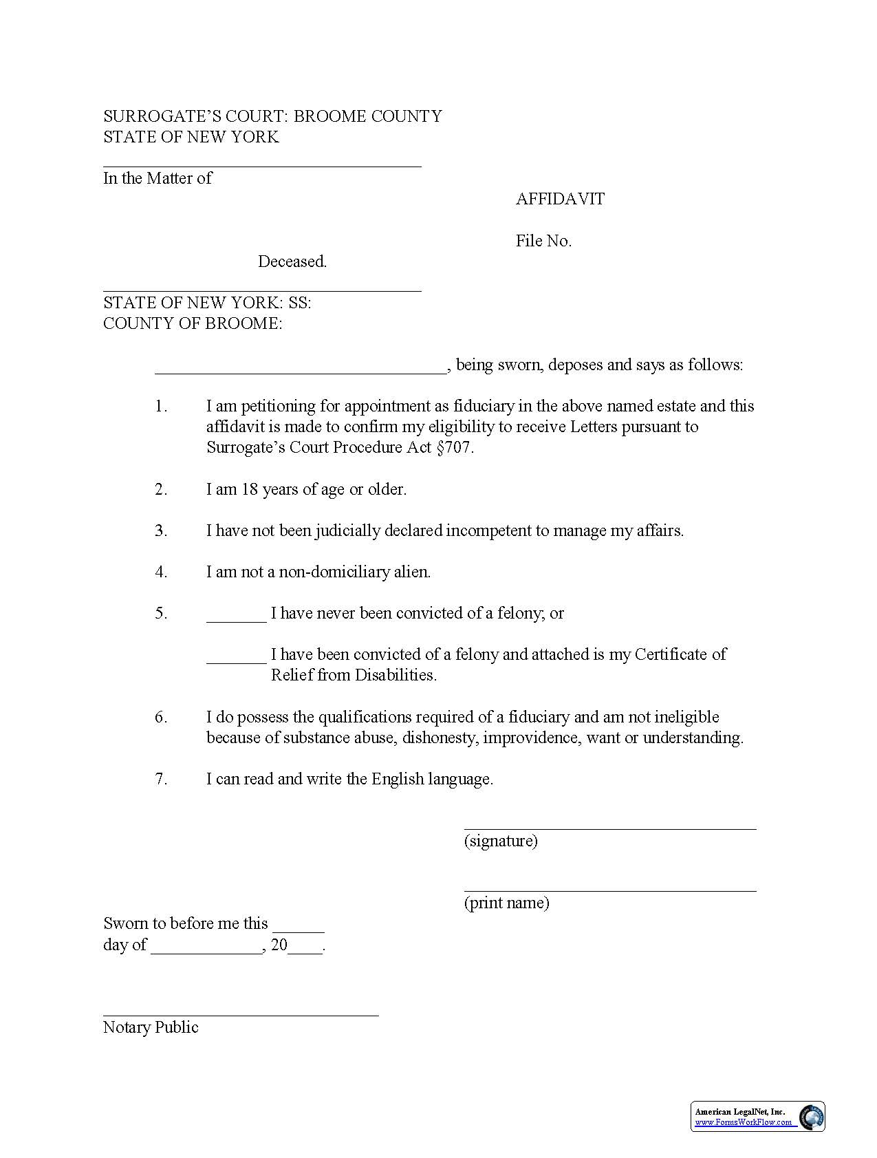 Affidavit Fiduciary Qualification Estate | Pdf Fpdf Docx | New York