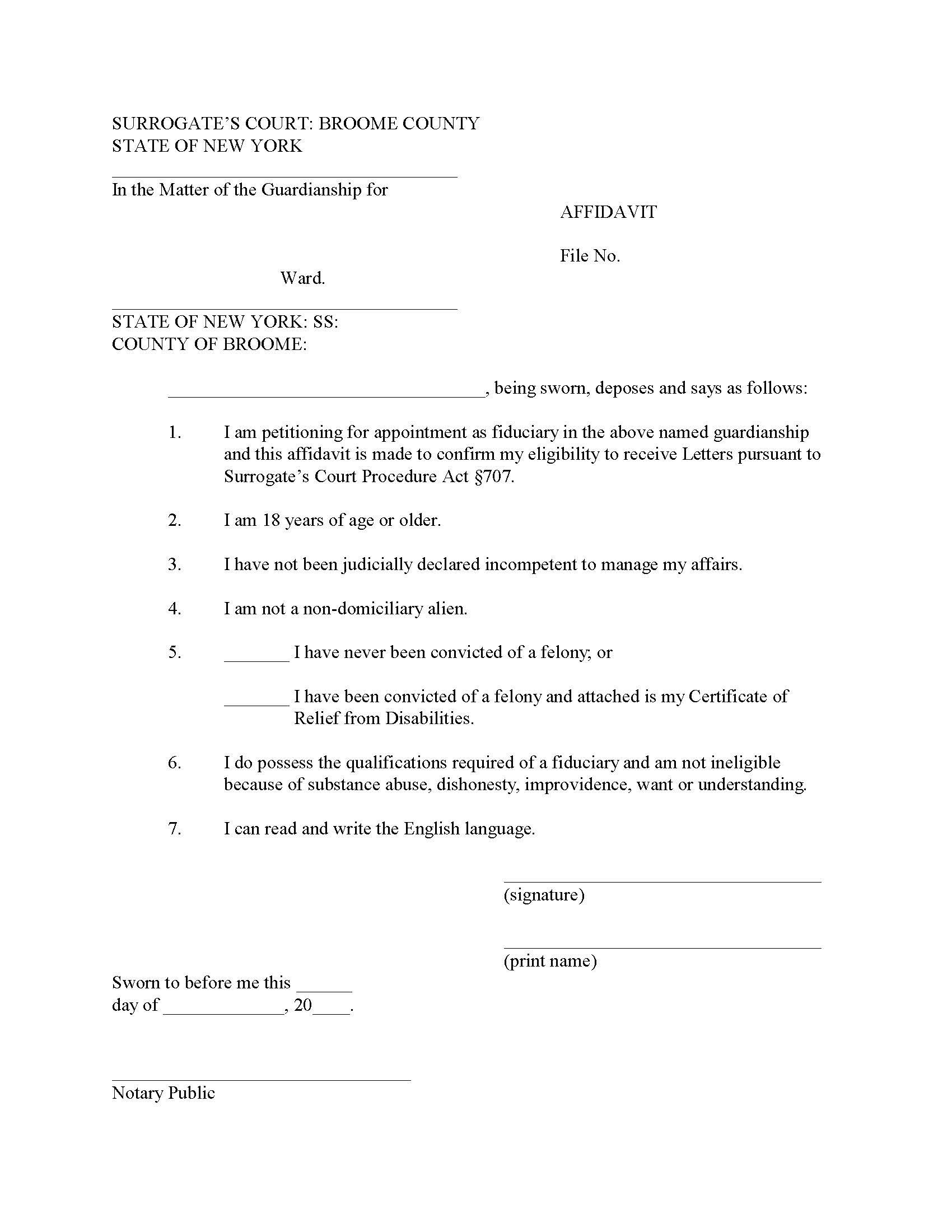 Affidavit Fiduciary Qualification Guardianship | Pdf Fpdf Docx | New York