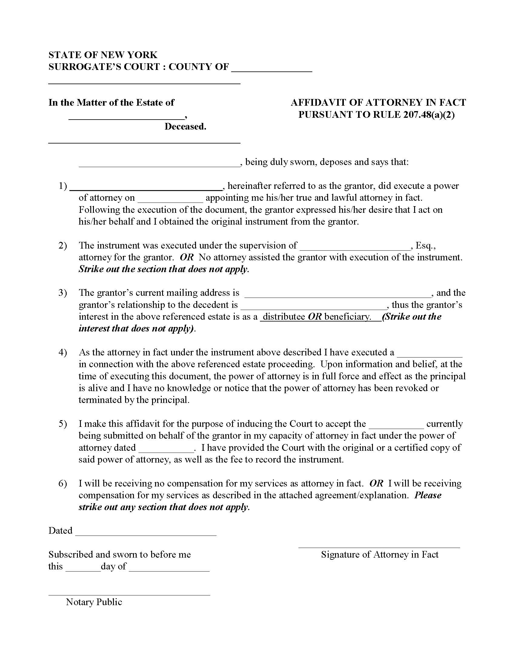 Affidavit Of Attorney In Fact (POA) | Pdf Fpdf Docx | New York