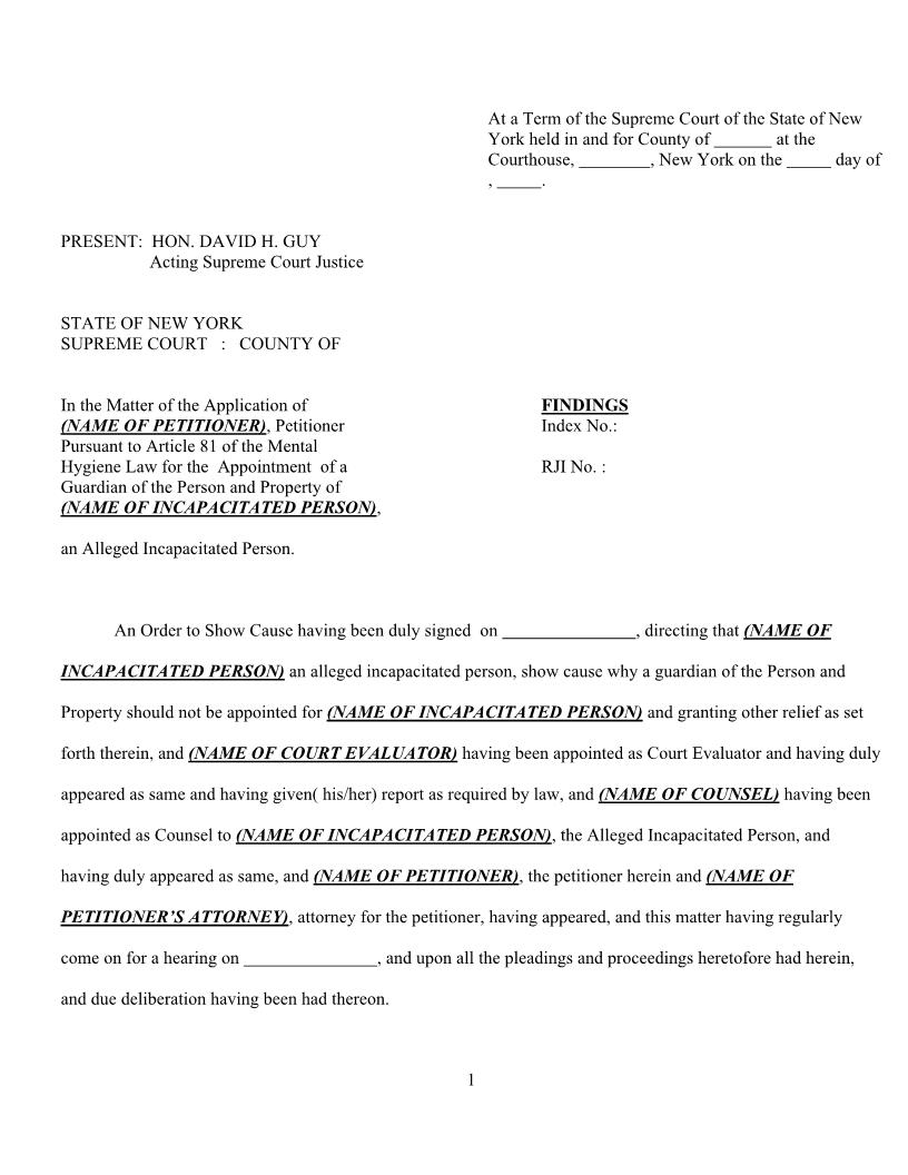 Findings (Guardianship) | Pdf Fpdf Docx | New York