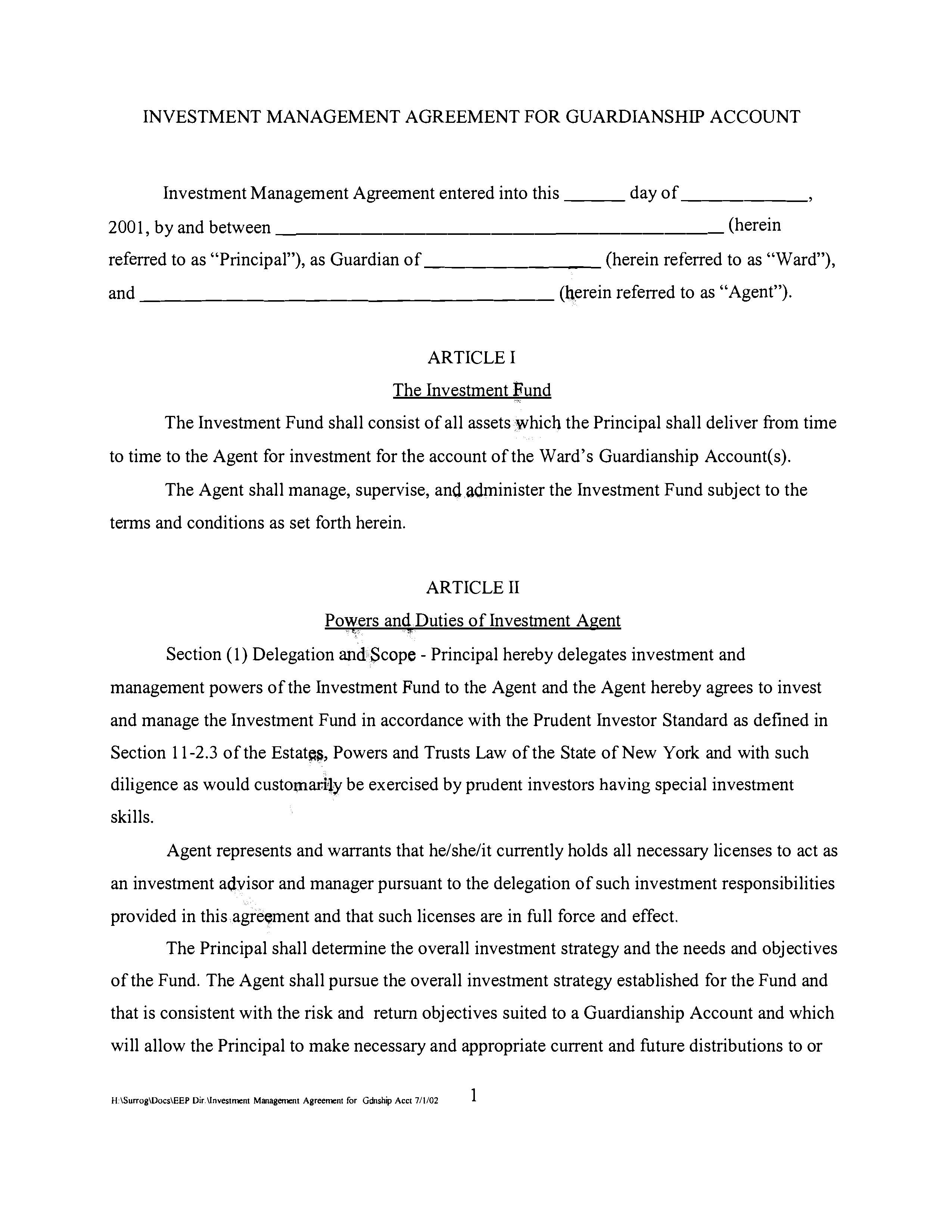Investment Management Agreement For Guardianship Account | Pdf Fpdf Docx | New York