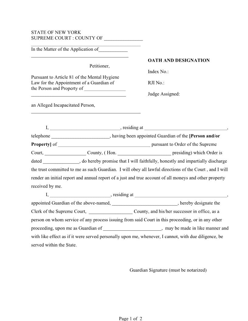 Oath And Designation (Guardianship) | Pdf Fpdf Docx | New York