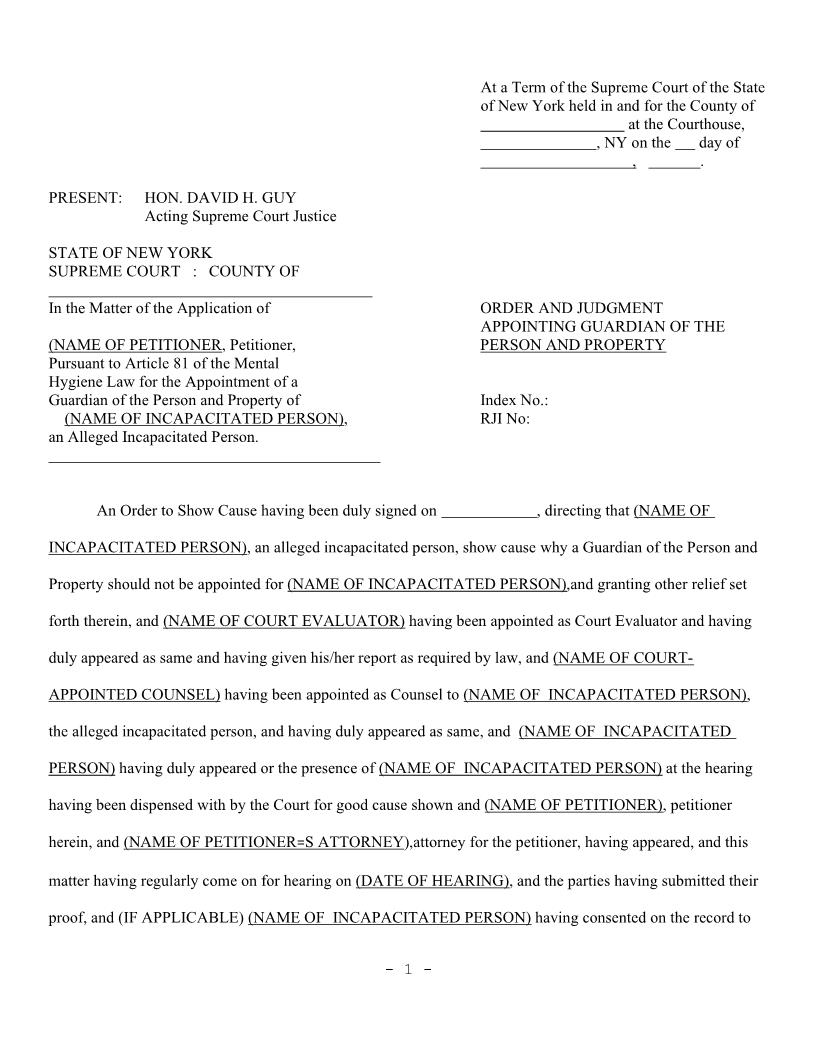 Order And Judgment Appointing Guardian Of Person And Property | Pdf Fpdf Docx | New York