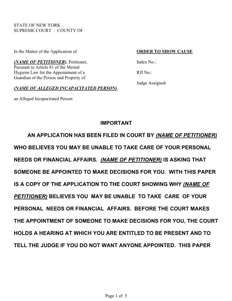 Order To Show Cause (Guardianship) | Pdf Fpdf Docx | New York