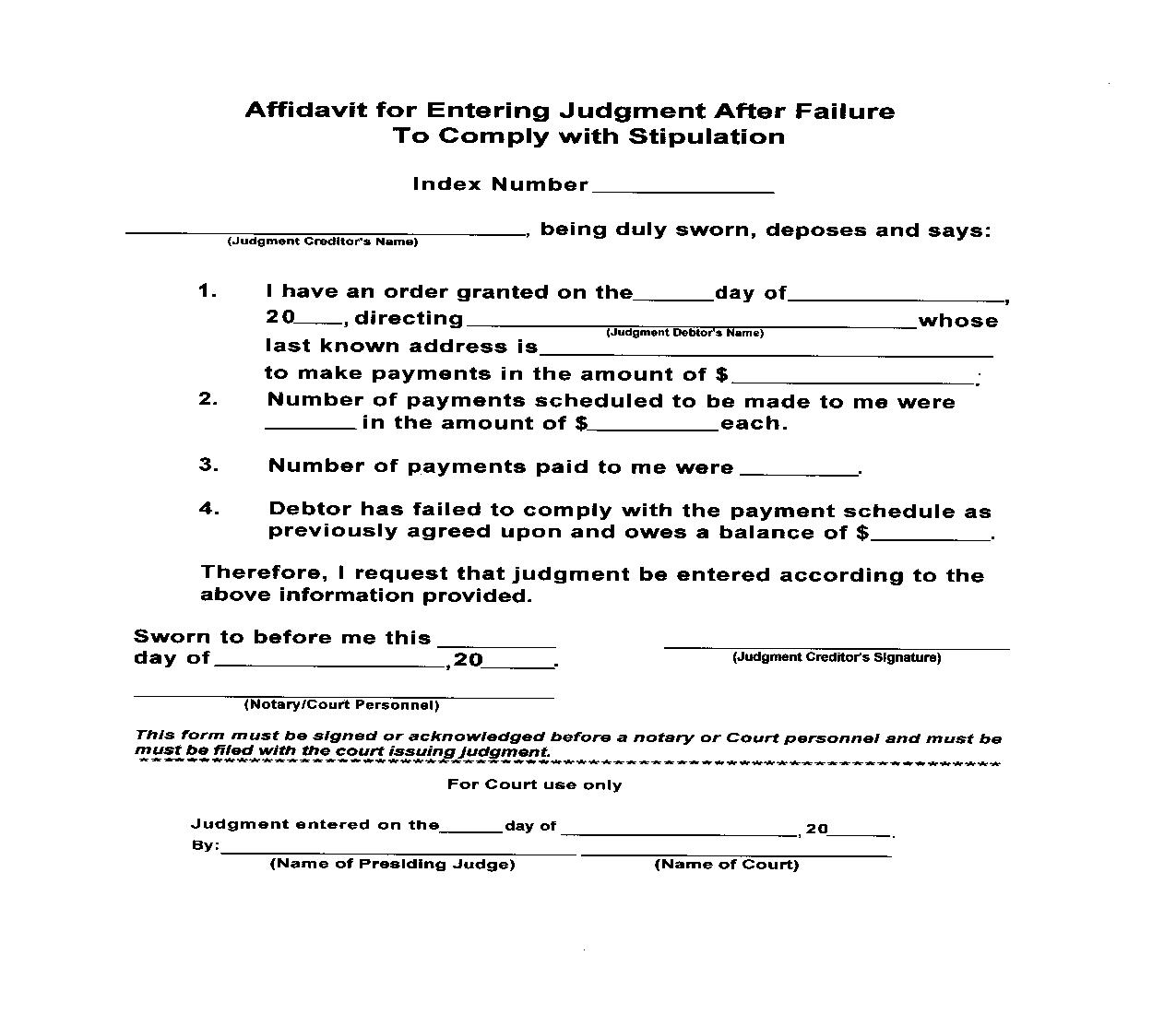 Affidavit For Entering Judgment After Failure To Comply With Stipulation | Pdf Fpdf Doc Docx | New York