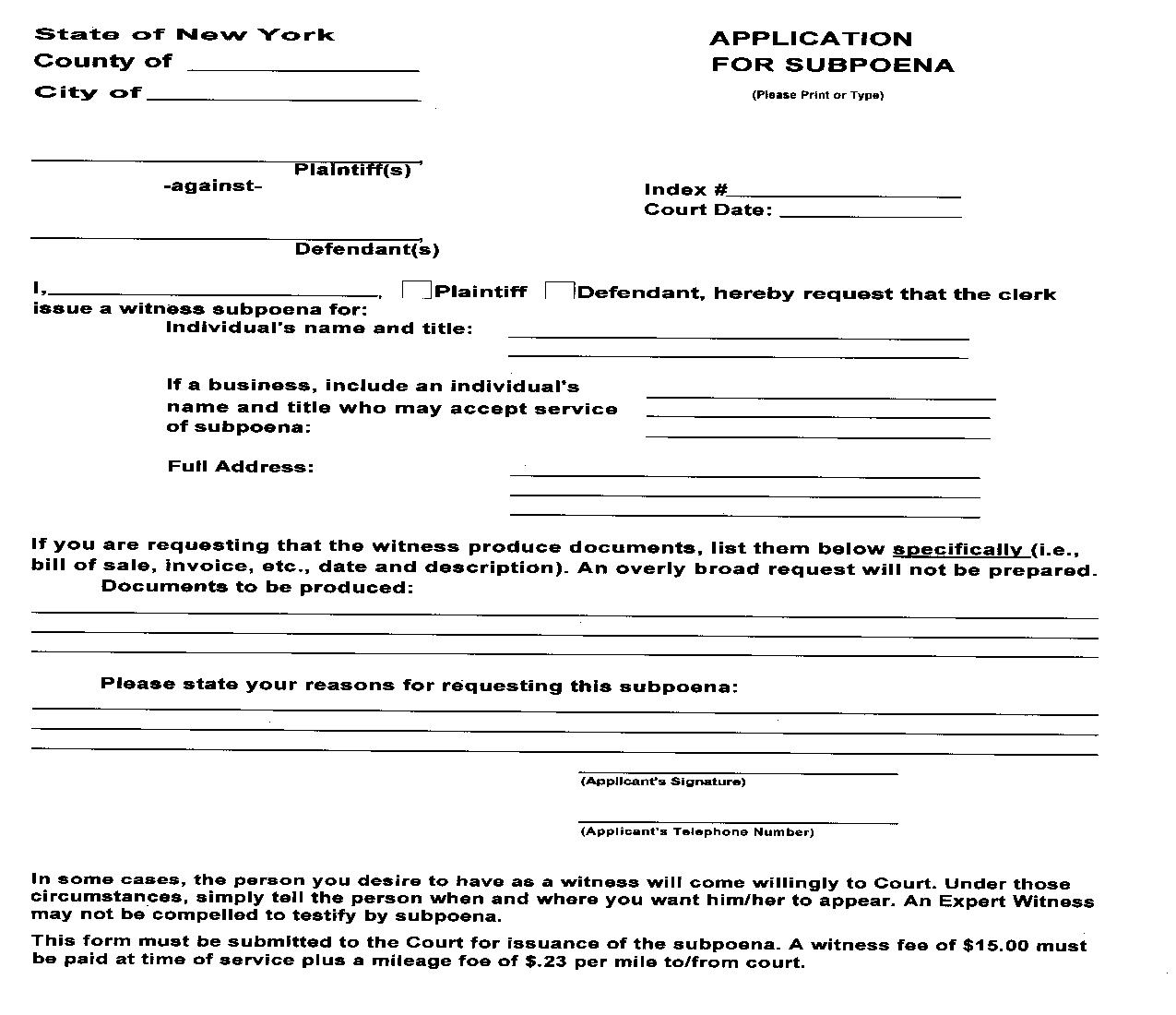 Application For Subpoena | Pdf Fpdf Doc Docx | New York