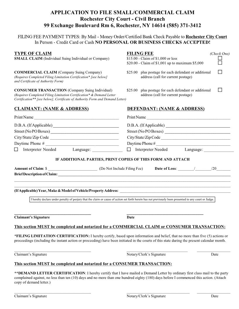 Application To File Small-Commercial Claim | Pdf Fpdf Doc Docx | New York