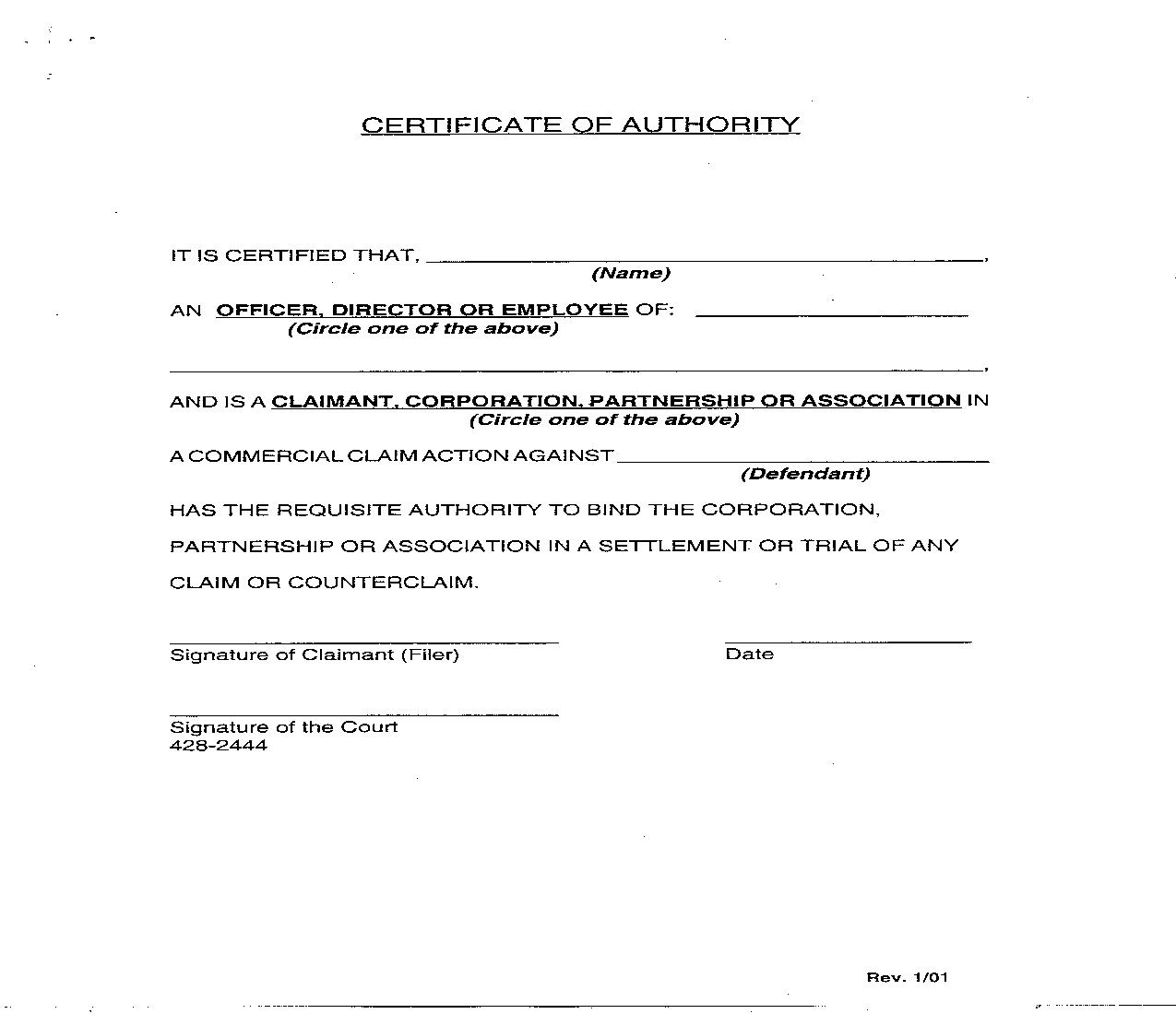 Certificate Of Authority (To Bind Business In Settlement Or Trial) | Pdf Fpdf Doc Docx | New York