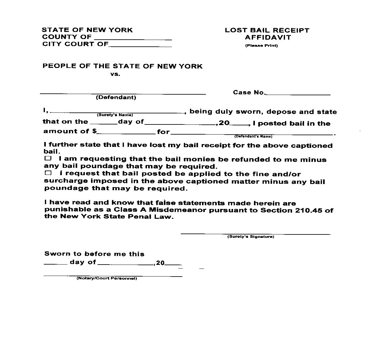Lost Bail Receipt Affidavit | Pdf Fpdf Doc Docx | New York
