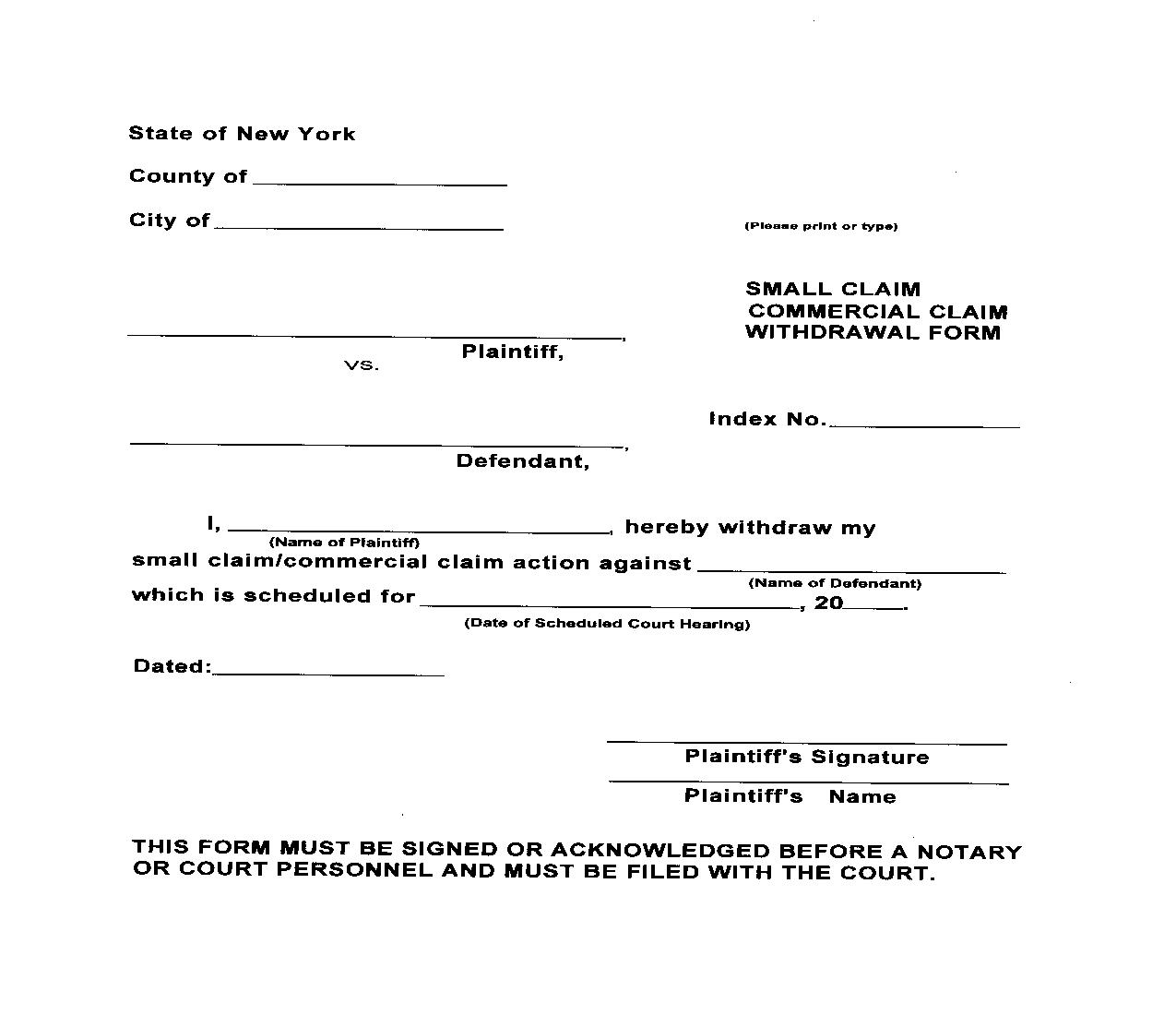 Small Claim Commercial Claim Withdrawal Form | Pdf Fpdf Doc Docx | New York