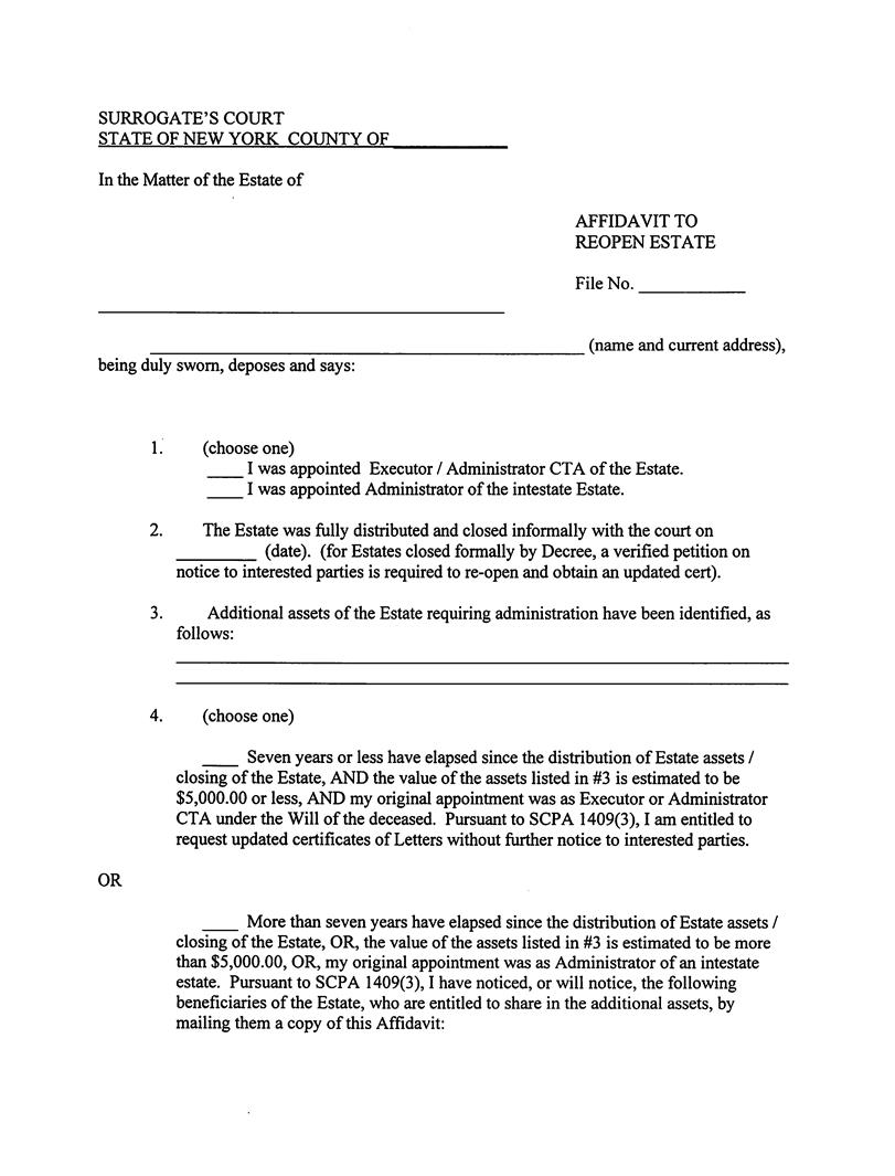 Affidavit To Reopen Estate | Pdf Fpdf Docx | New York