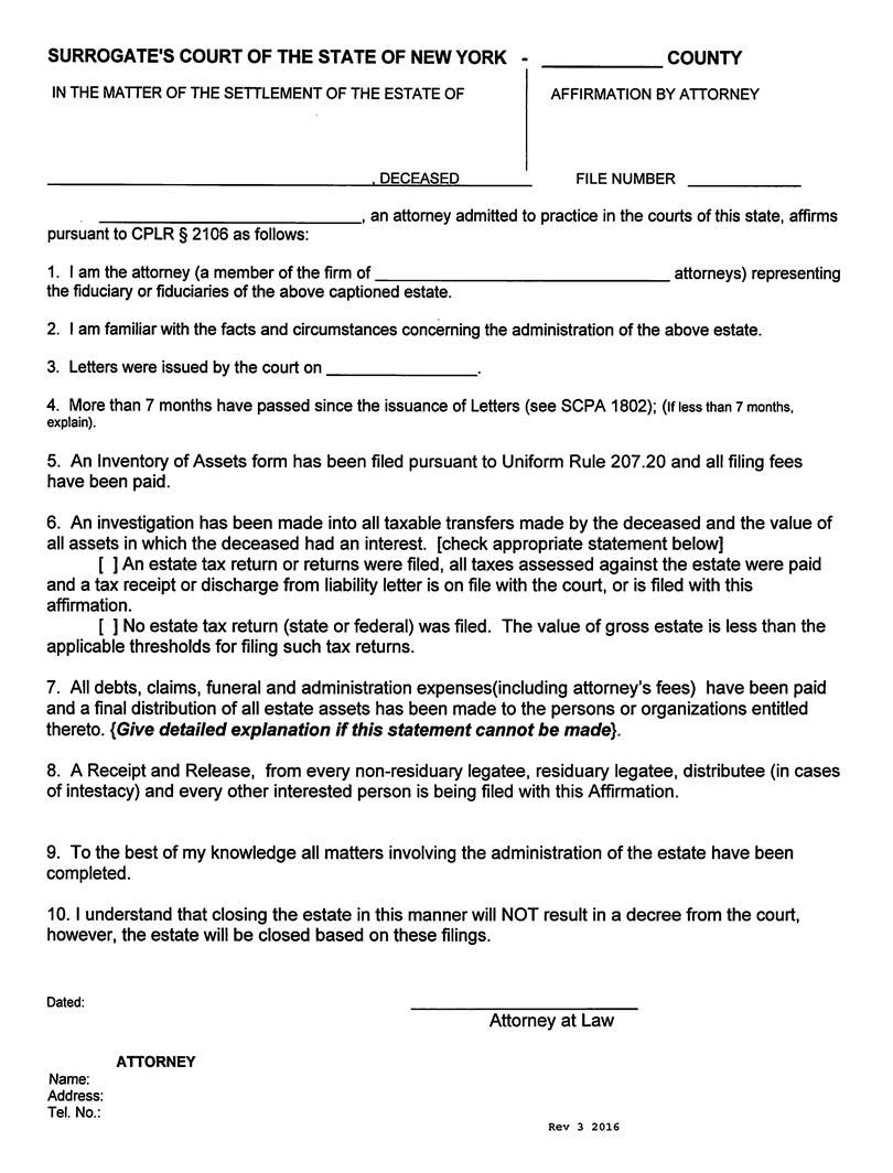 Affirmation By Attorney (Settlement Of Estate) | Pdf Fpdf Docx | New York