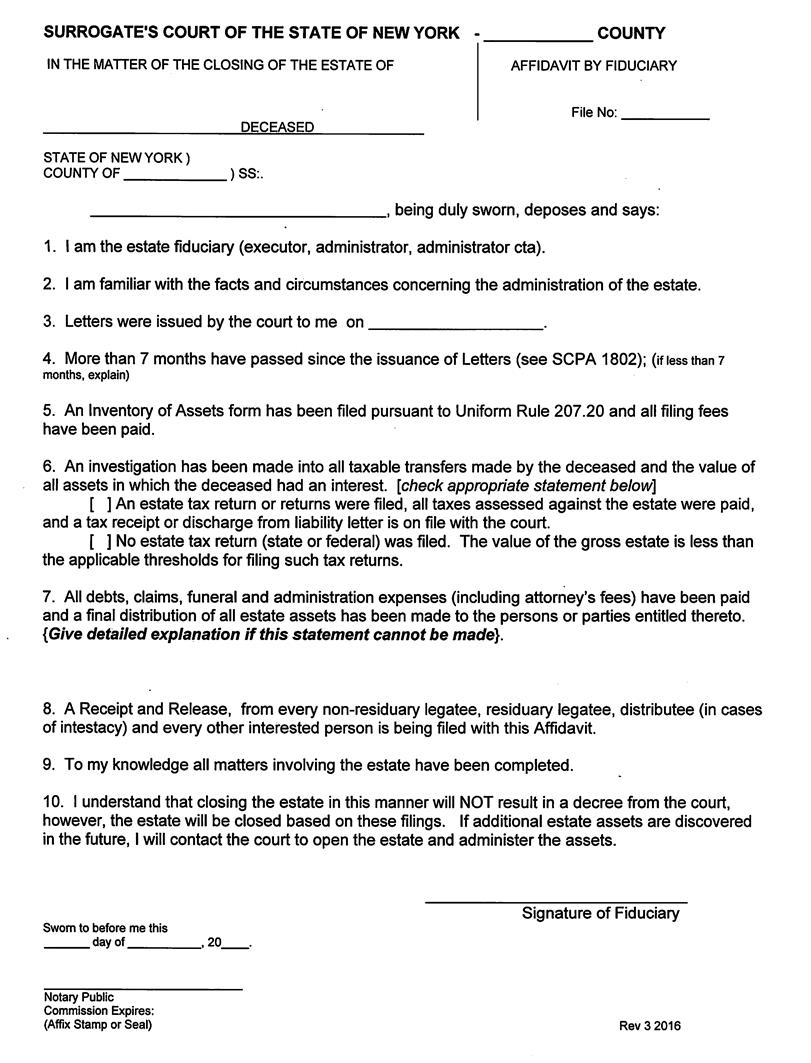 Affirmation By Fiduciary (Closing Of Estate) | Pdf Fpdf Docx | New York