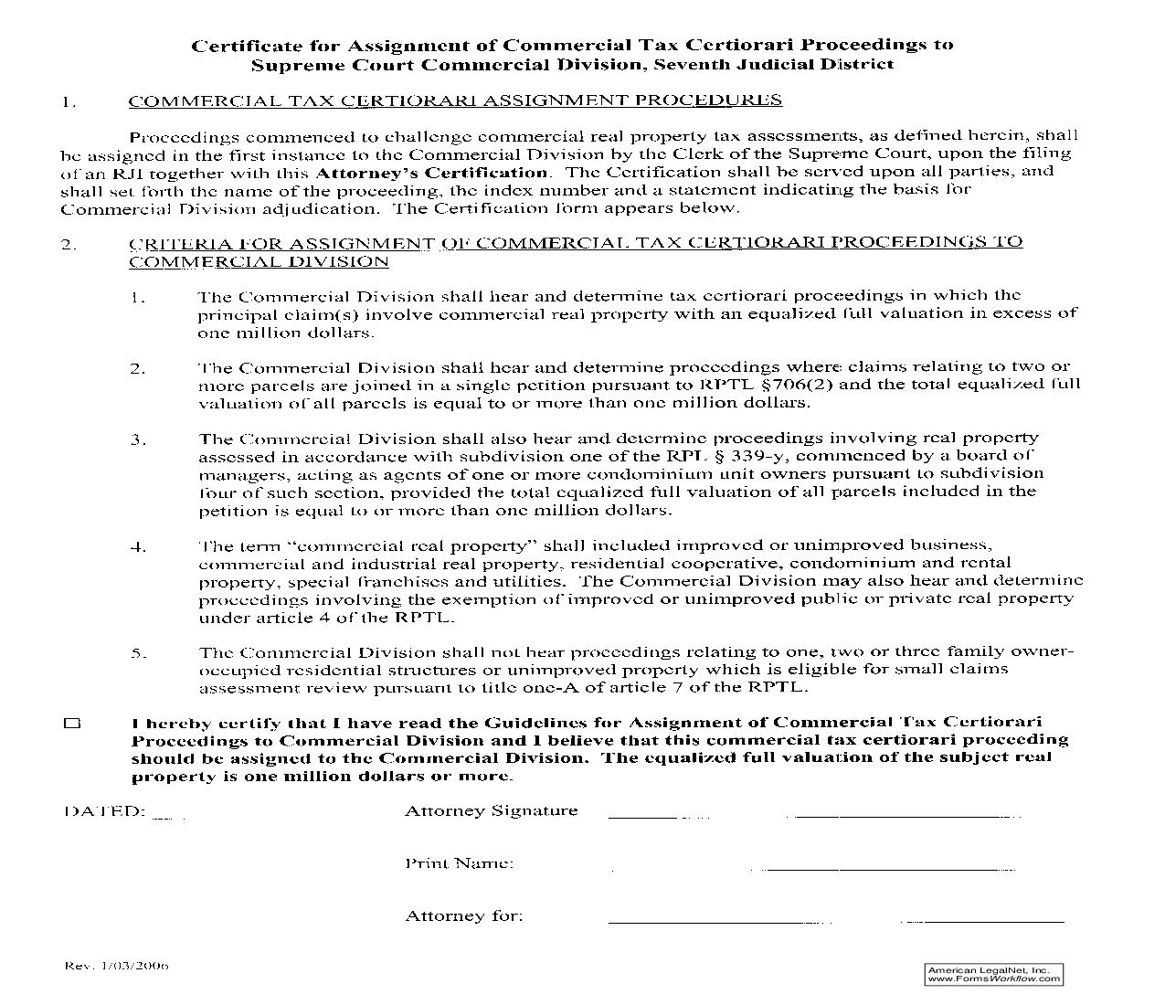 Certificate For Assignment Of Commercial Tax Certiorari Proceedings To Supreme Court Comercial Division | Pdf Fpdf Doc Docx | New York