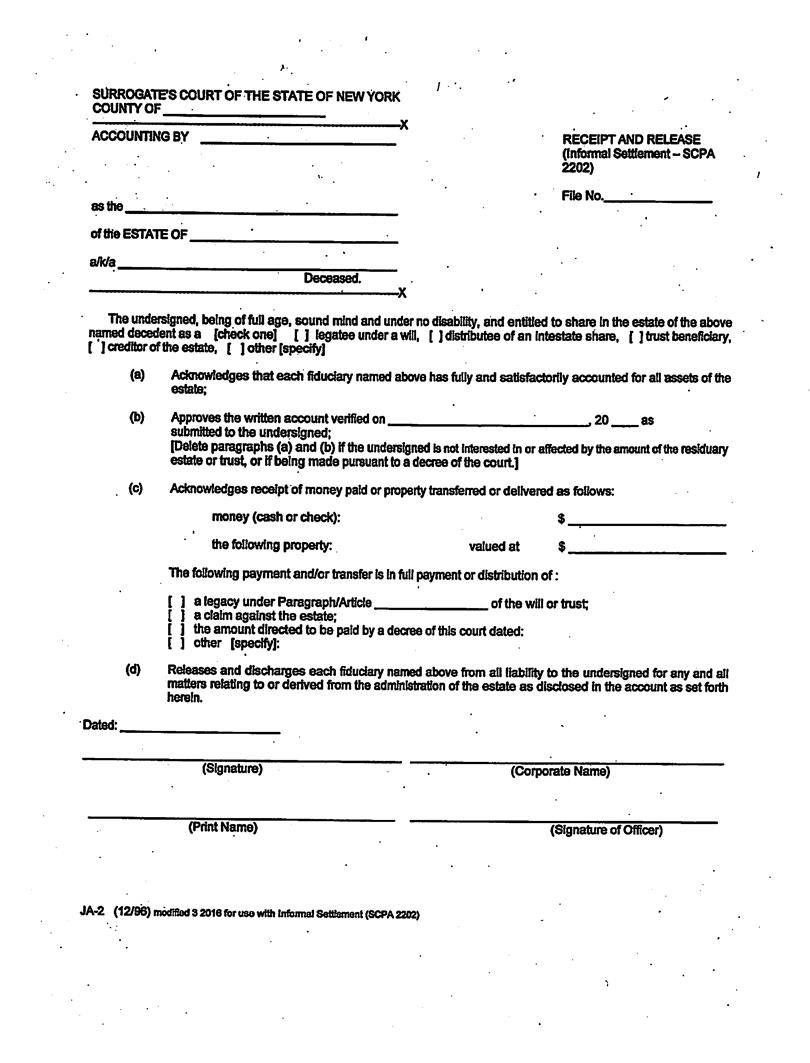 Receipt And Release (Informal Settlement - SCPA 2202) | Pdf Fpdf Docx | New York