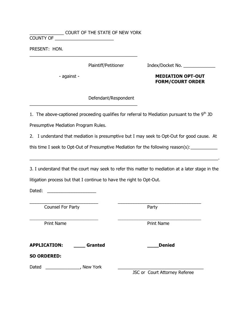 Mediation Opt-Out Form-Court Order {9JD MOOFCO} | Pdf Fpdf Docx | New York