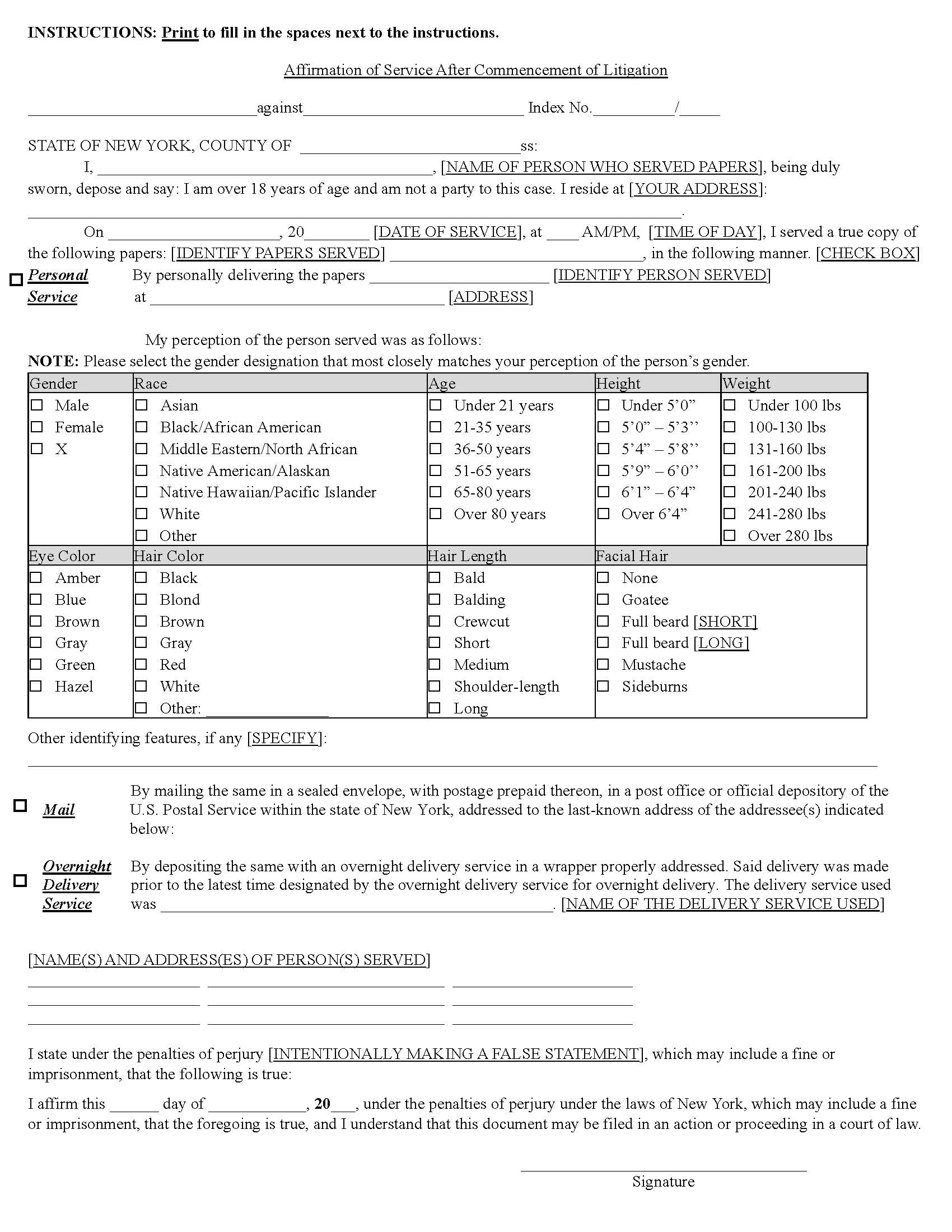 Affirmation Of Service After Commencement Of Litigation | Pdf Fpdf Docx | New York