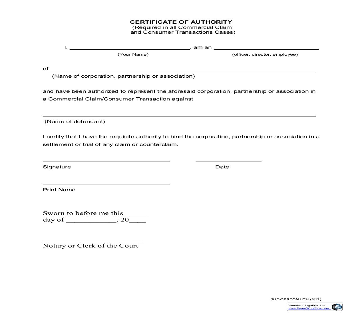 Certificate Of Authority | Pdf Fpdf Doc Docx | New York