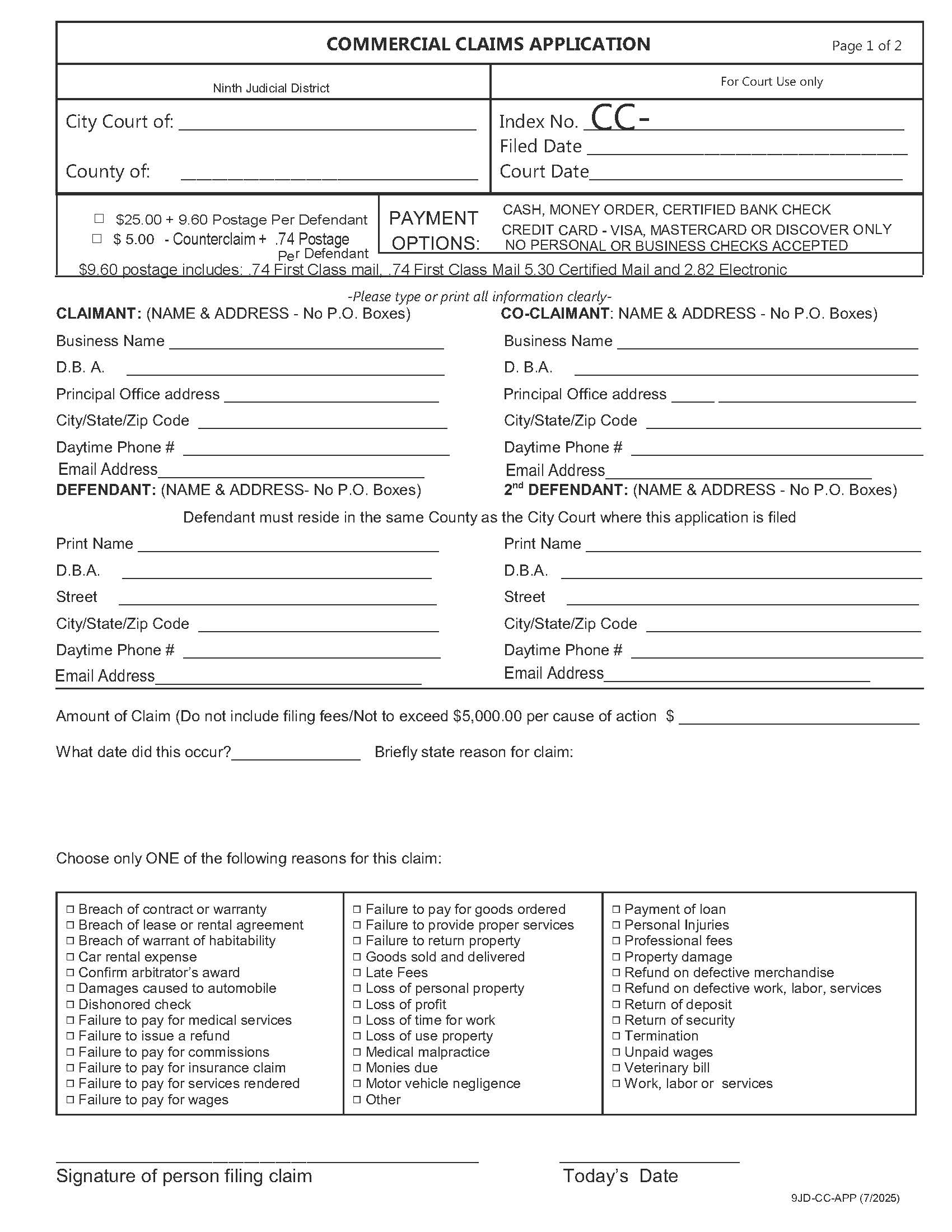 Commercial Claims Application {9JD CCA} | Pdf Fpdf Doc Docx | New York