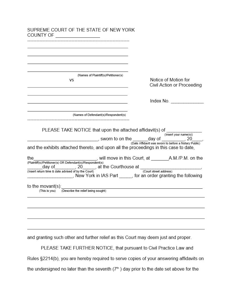 Notice Of Motion For Civil Action Or Proceeding | Pdf Fpdf Docx | New York