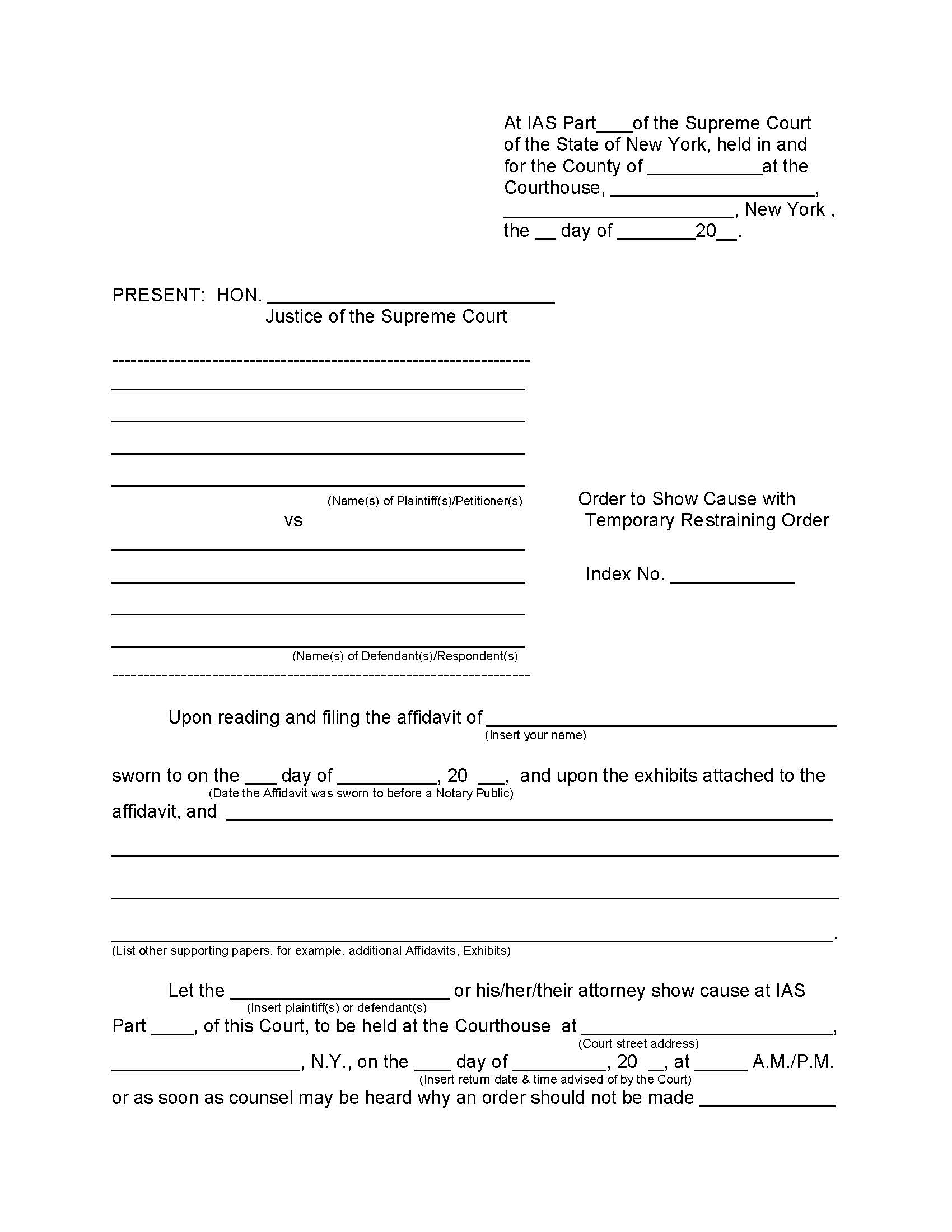 Order To Show Cause With Temporary Restraining Order Affidavit In Support | Pdf Fpdf Docx | New York