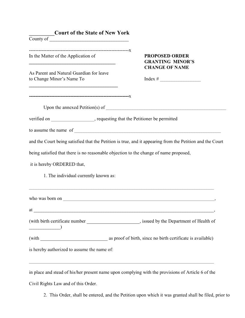 Proposed Order Granting Minors Change Of Name | Pdf Fpdf Docx | New York