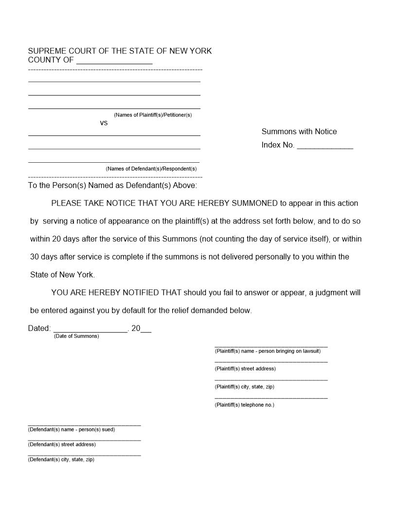 Summons With Notice | Pdf Fpdf Docx | New York