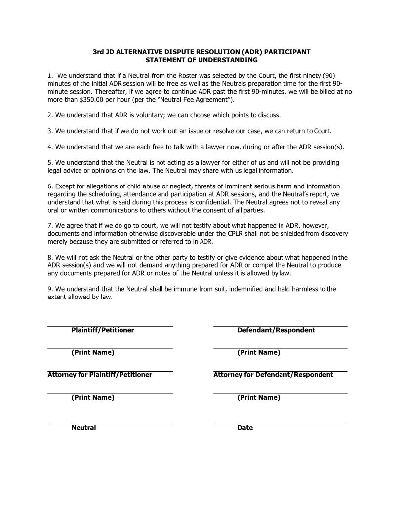 3JD ADR Participant Statement Of Understanding {3JD ADRPSU} | Pdf Fpdf Docx | New York