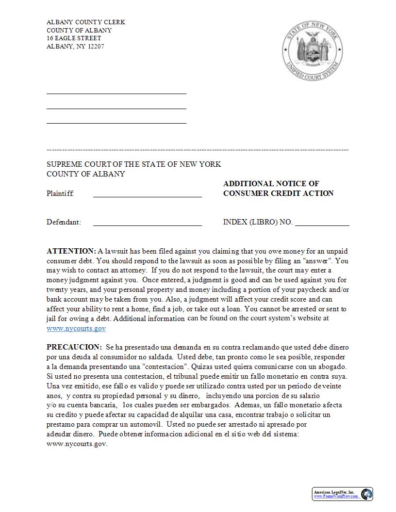 Additional Notice Of Consumer Credit Action (eFilling) | Pdf Fpdf Docx | New York