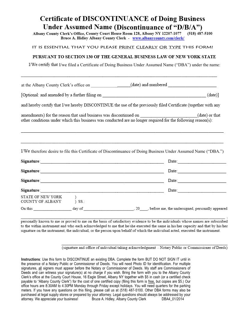 Certificate Of Discontinuance Of Doing Business Under Assumed Name | Pdf Fpdf Docx | New York