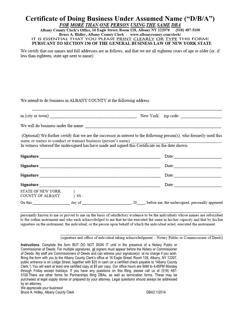 Certificate Of Doing Business Under Assumed Name (DBA) (For Partners) | Pdf Fpdf Docx | New York