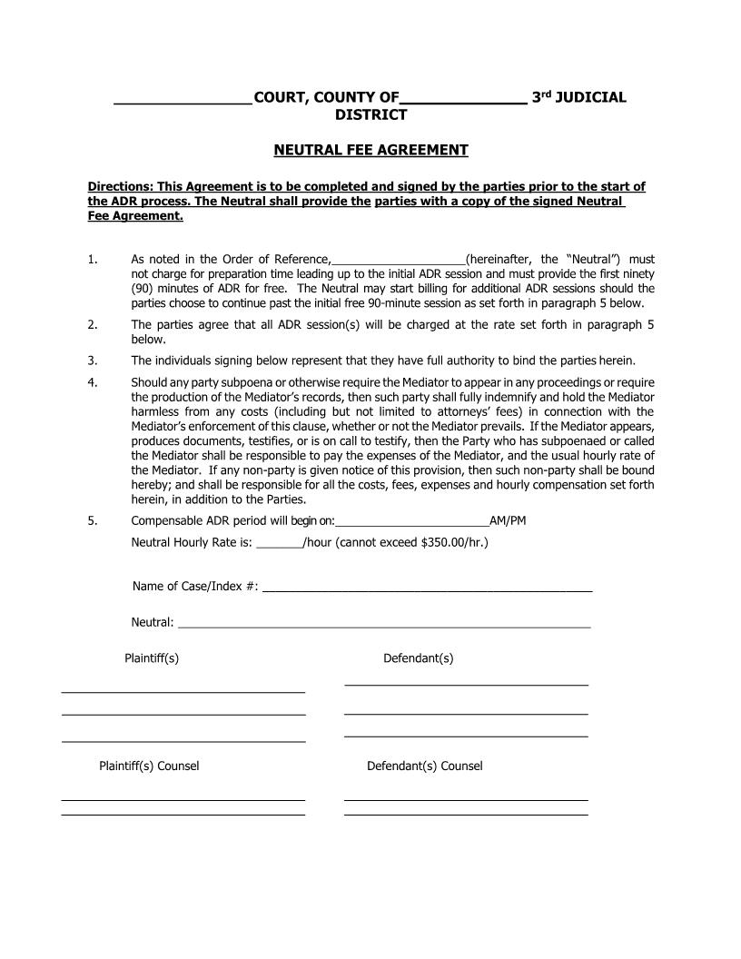 Neutral (Mediatior) Fee Agreement {3JD NFA} | Pdf Fpdf Docx | New York