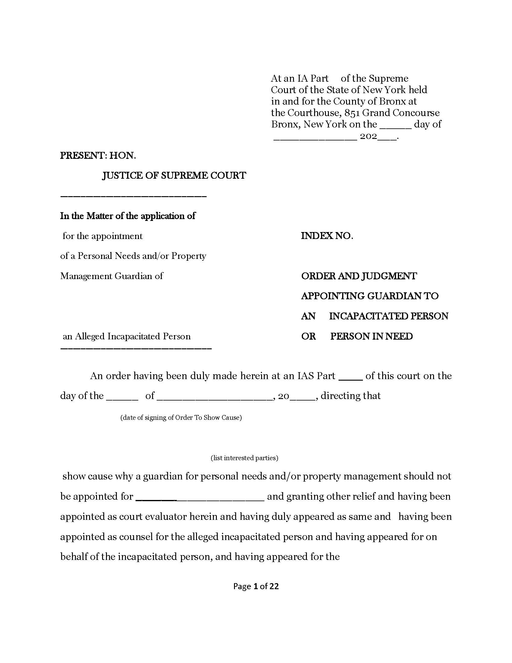 Article 81 Order And Judgment Appointing Guardian To Incapacitated Person Or PIN | Pdf Fpdf Docx | New York