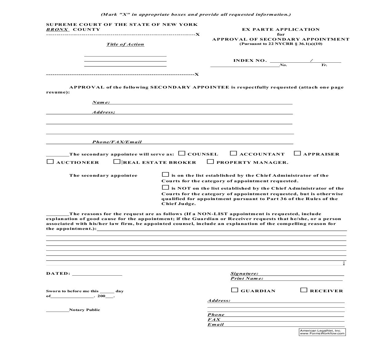 Ex Parte Application For Approval Of Secondary Appointment | Pdf Fpdf Doc Docx | New York