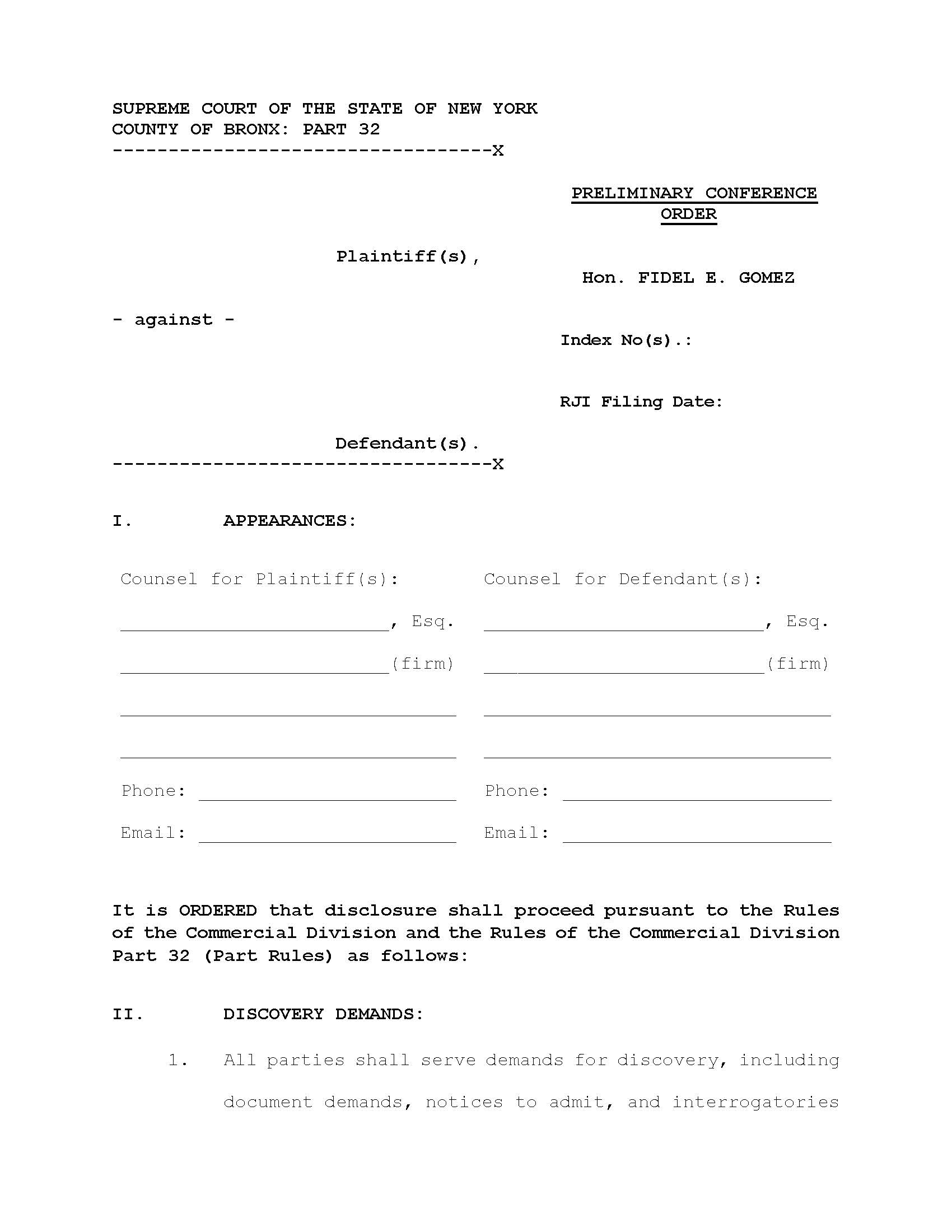 Preliminary Conference Order (Part 32 Judge Gomez) | Pdf Fpdf Docx | New York