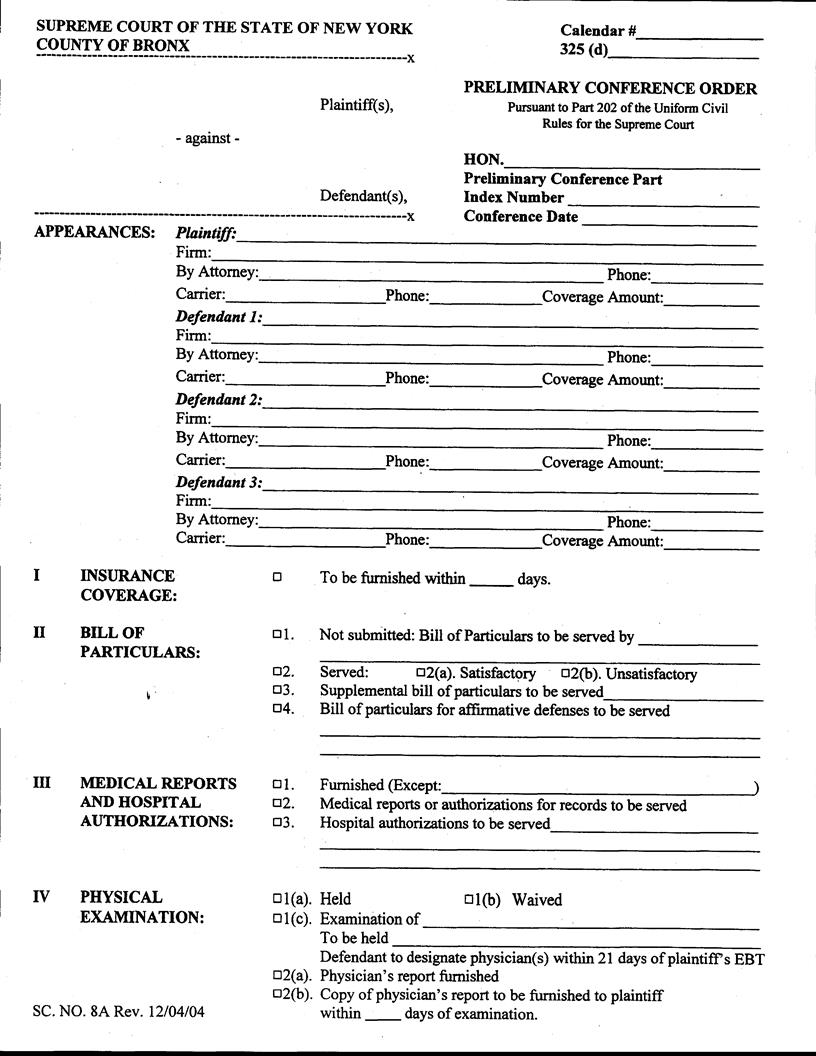 Preliminary Conference Order (Pursuant To Part 202 Uniform Civil Rules) | Pdf Fpdf Docx | New York