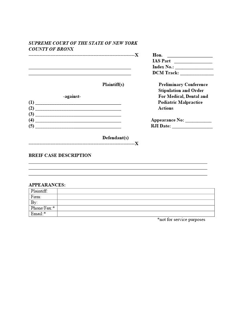 Preliminary Conference Stipulation And Order Medical Dental Podiatric Malpractice Actions | Pdf Fpdf Docx | New York