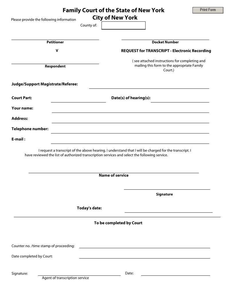 Request For Transcript Electronic Recording Form (Family Court - Bronx) | Pdf Fpdf Docx | New York