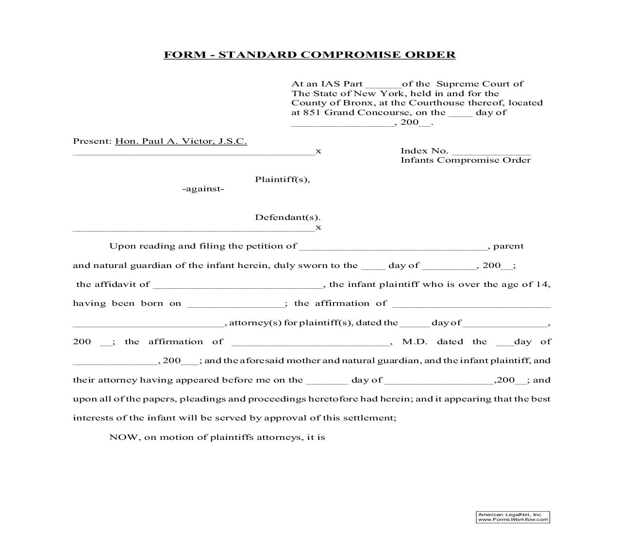 Standard (Infants) Compromise Order | Pdf Fpdf Doc Docx | New York