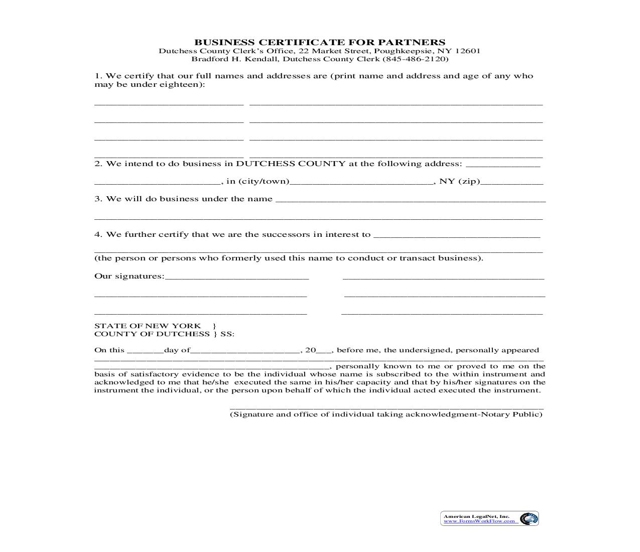 Business Certificate For Partners | Pdf Fpdf Doc Docx | New York