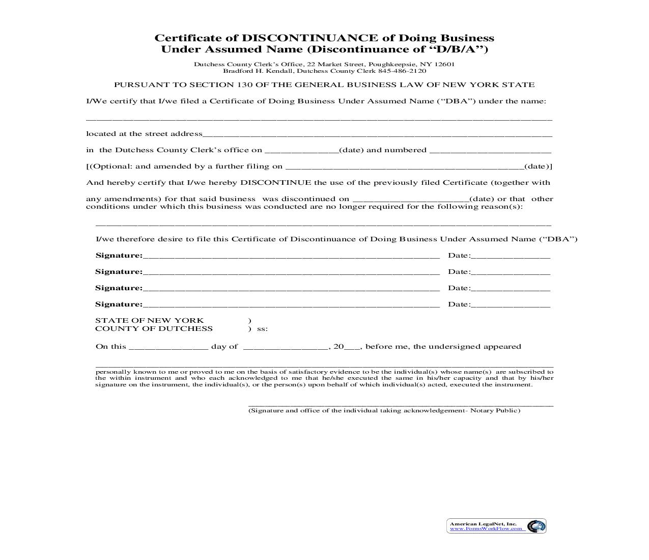 Certificate Of Discontinuance Of Doing Business Under Assumed Name (Discontinuance Of DBA) | Pdf Fpdf Doc Docx | New York