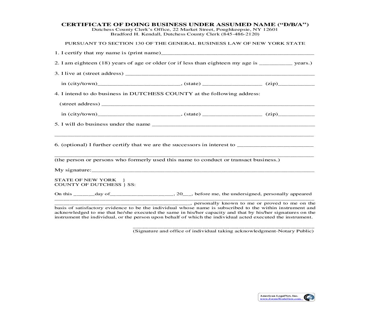 Certificate Of Doing Business Under Assumed Name (DBA) | Pdf Fpdf Doc Docx | New York