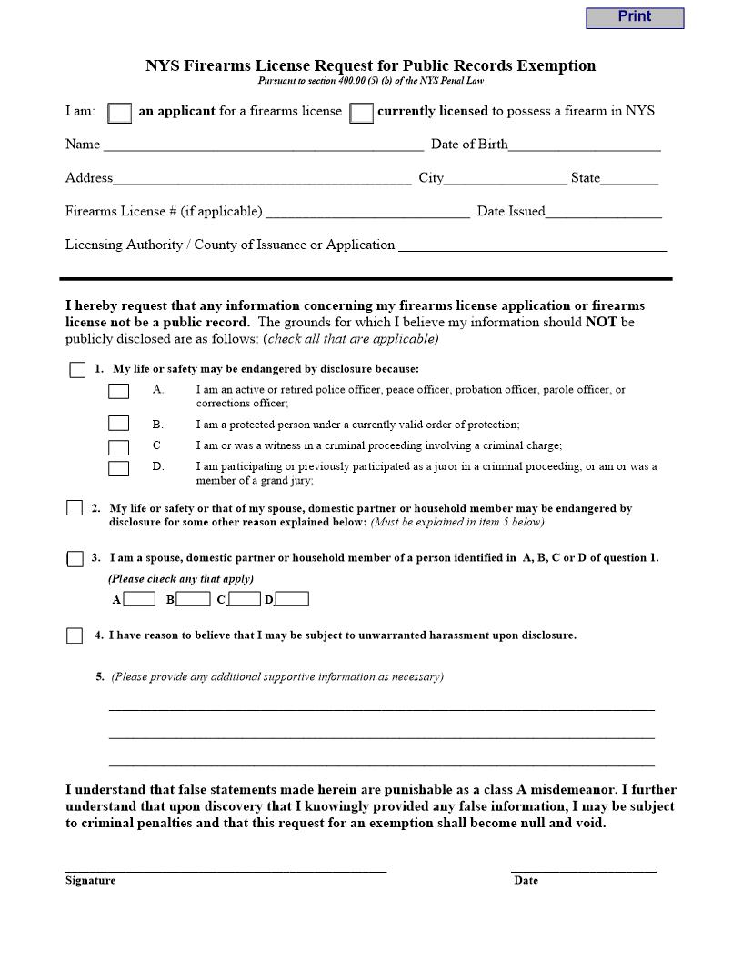 NYS Firearms License Request For Public Records Exemption | Pdf Fpdf Docx | New York