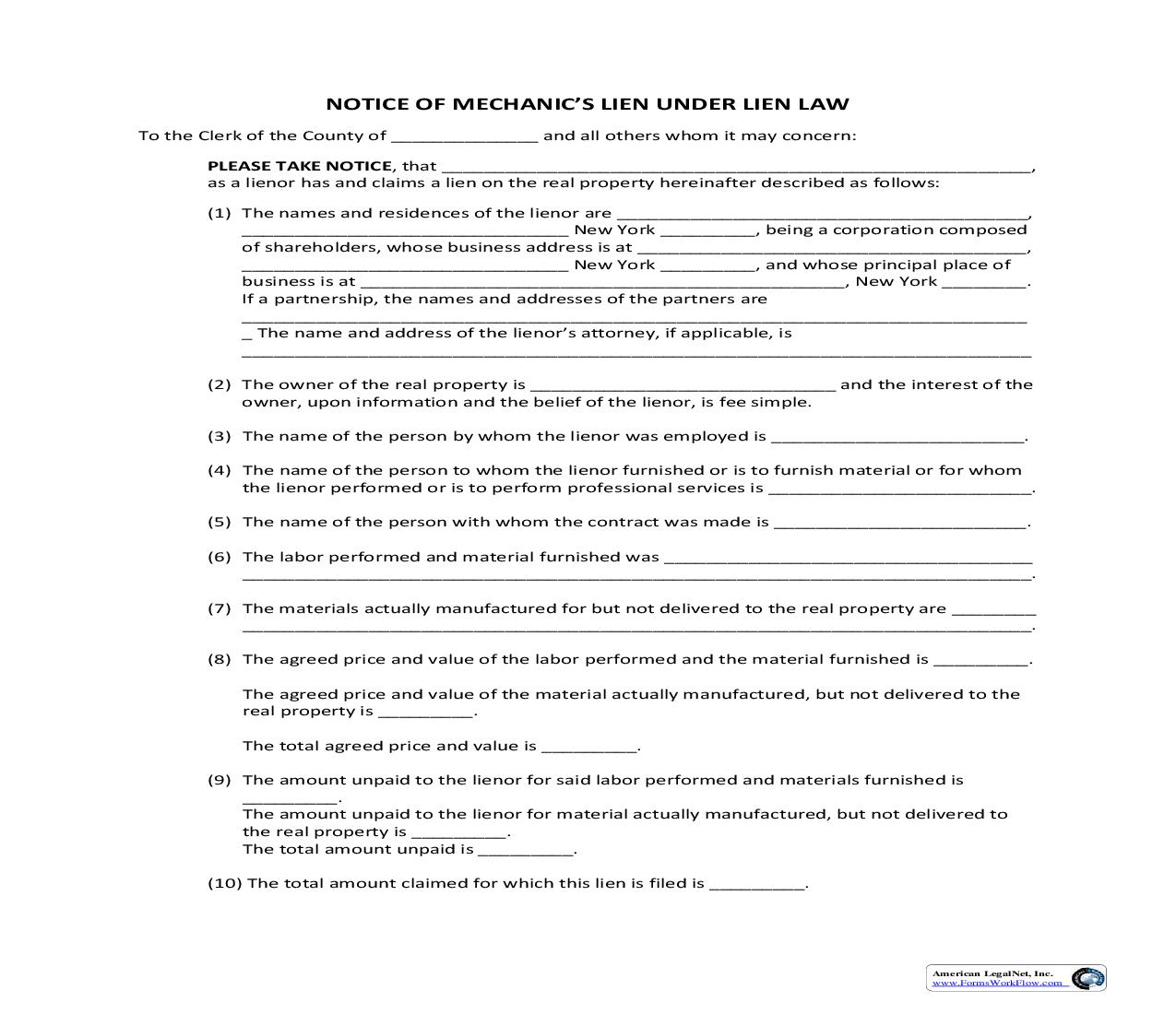 Notice Of Mechanics Lien Under Lien Law | Pdf Fpdf Docx | New York
