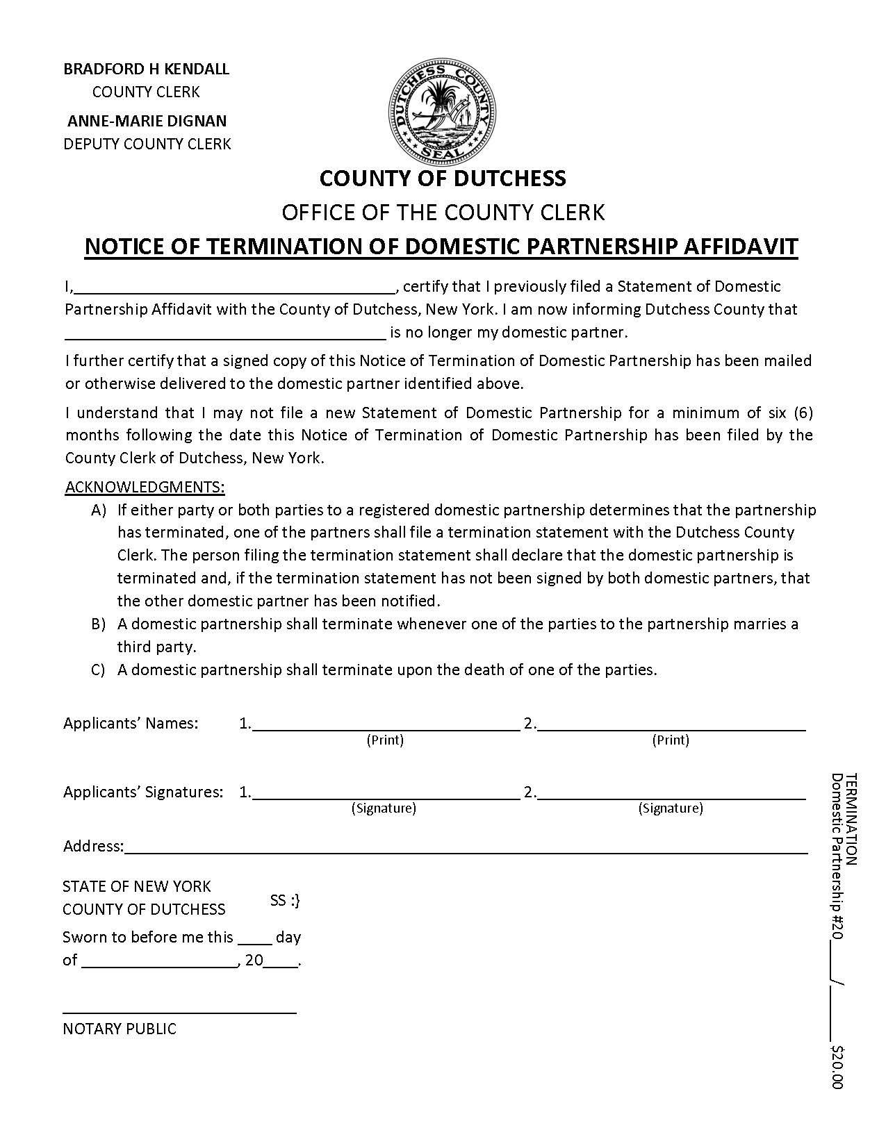 Notice Of Termination Of Domestic Partnership Affidavit | Pdf Fpdf Docx | New York