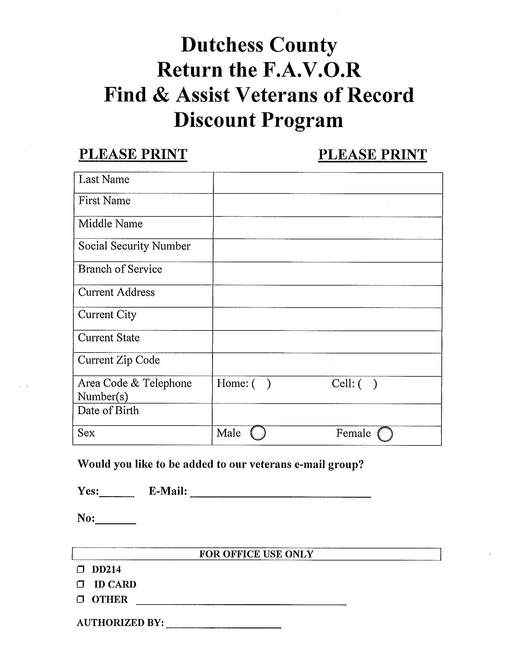 Return The F.A.V.O.R Find And Assist Veterans Of Record Discount Program | Pdf Fpdf Docx | New York
