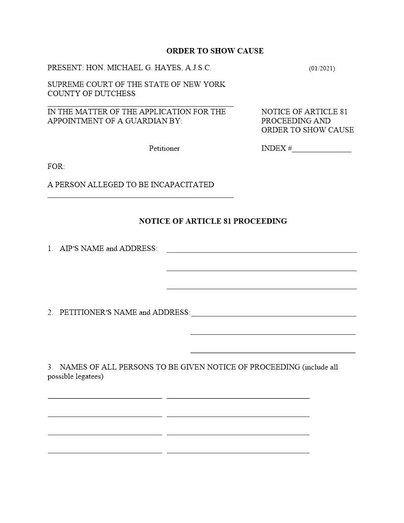Notice Of Article 81 Proceeding And Order To Show Cause (Judge Hayes) | Pdf Fpdf Docx | New York