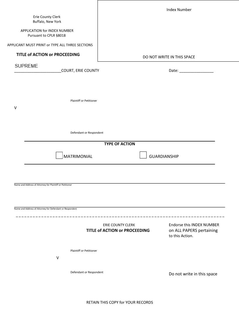 Application For Index Number (Matrimonial Or Guardianship) {Eri AIN-M-P} | Pdf Fpdf Docx | New York